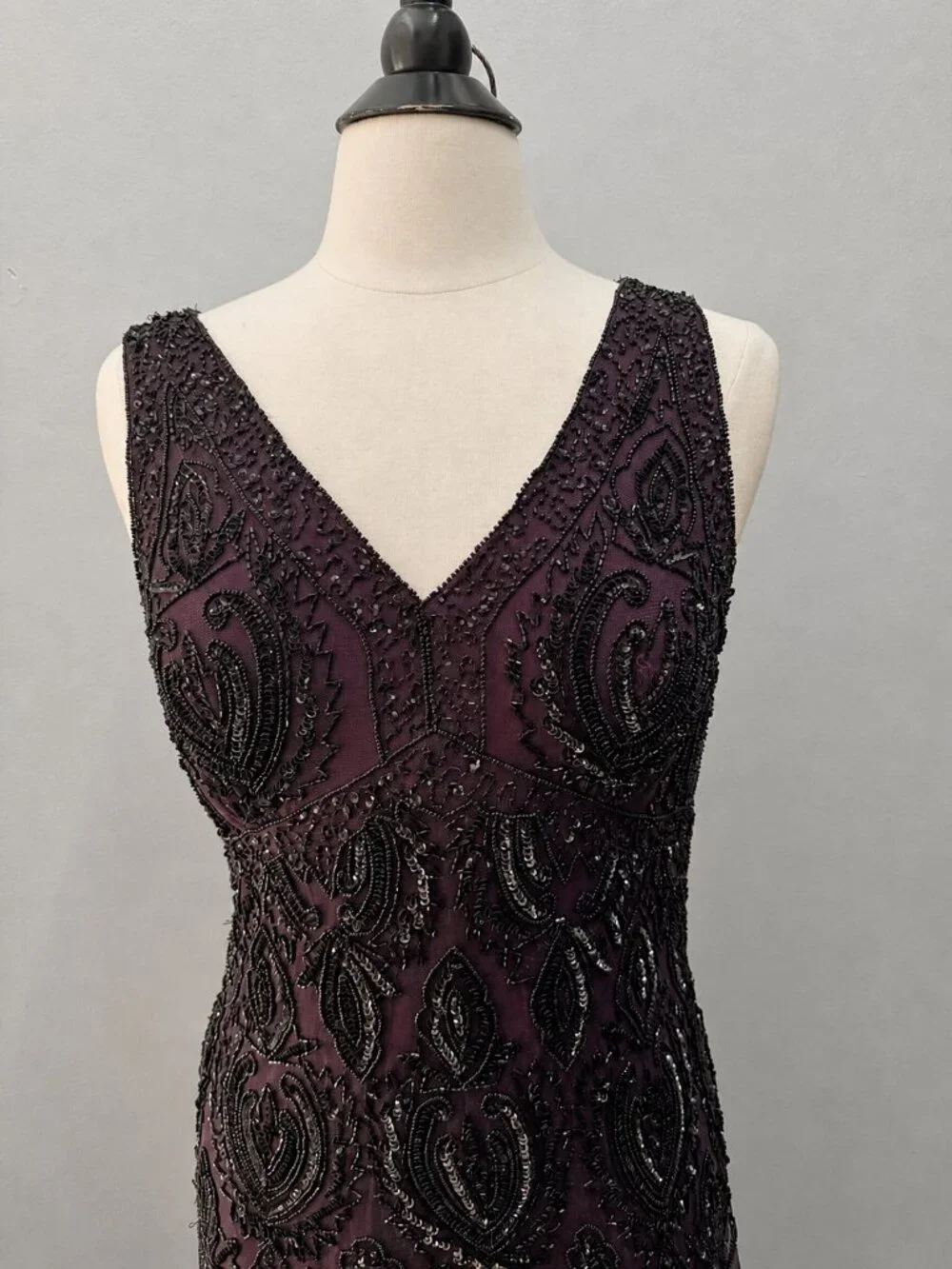 12P Plum Beaded Sequin Maxi Dress & Bolero Jacket Formal Flapper 20s Art Deco